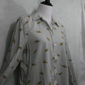 Jane & Delancey White Rayon Buttoned Blouse w/ Black Stripe & Leopards SZ M EUC